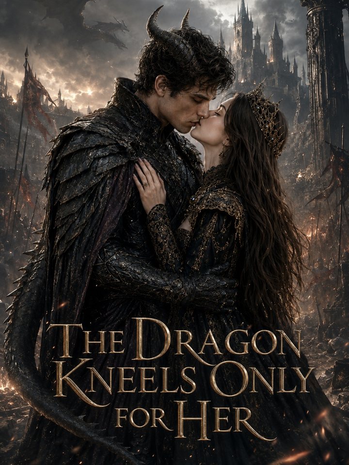Two fantasy characters leaning close before a damaged stone-city backdrop on The Dragon Kneels Only for Her poster.