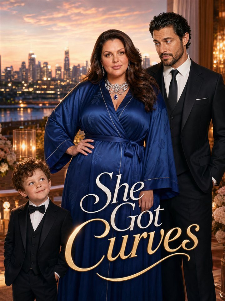 A woman in blue with a young boy and a suited man against a sunset skyline on the She Got Curves poster.